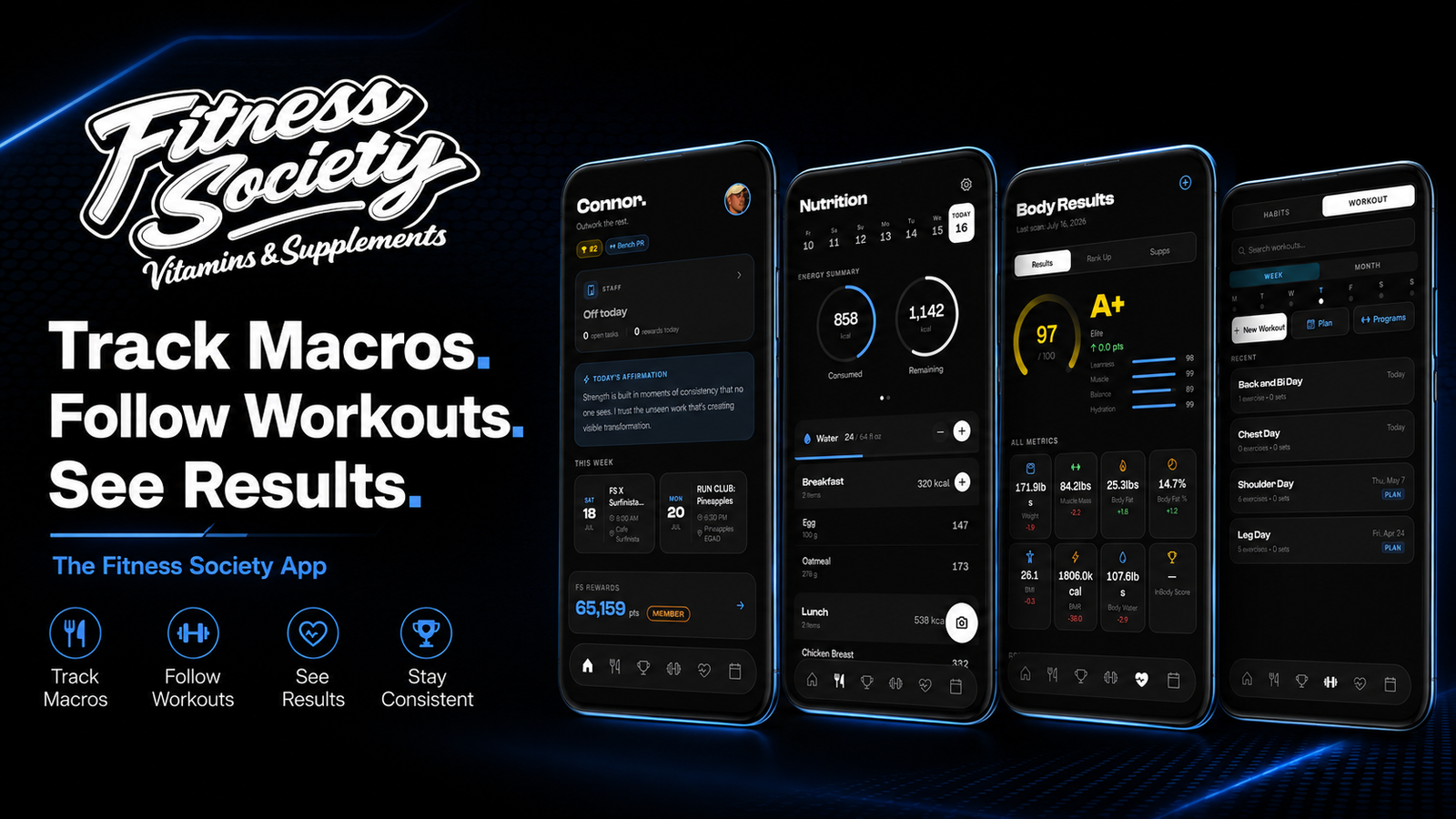Fitness Society fitness app to track macros and workouts