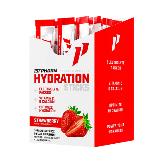 Strawberry 1st Phorm’s Hydration Sticks at Fitness Society - electrolyte and hydration support available at our health store and supplement store near you in Melbourne, Florida"