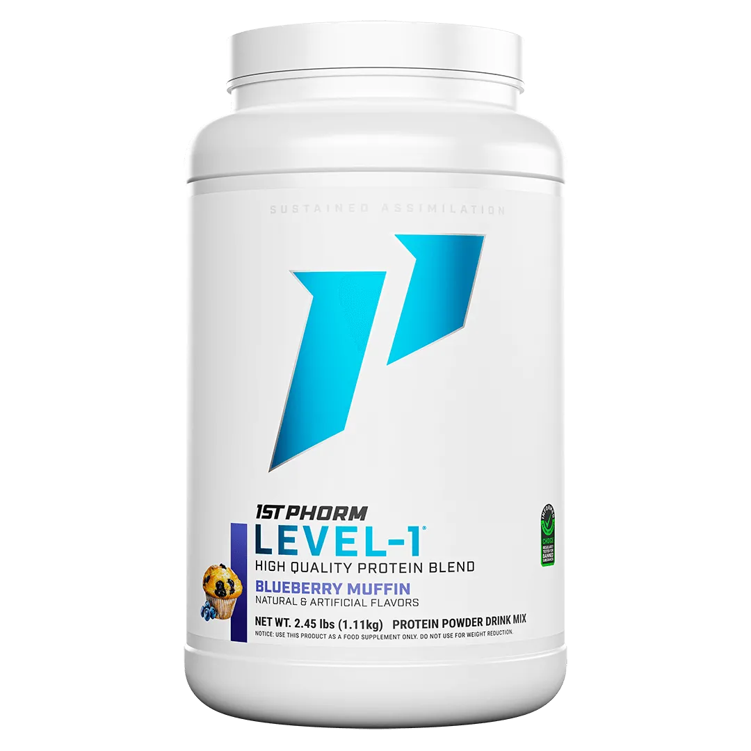 Blue berry muffin 1st Phorm Level 1 protein powder at Fitness Society - sustained assimilation protein blend available at our health store and supplement store near you in Melbourne, Florida"