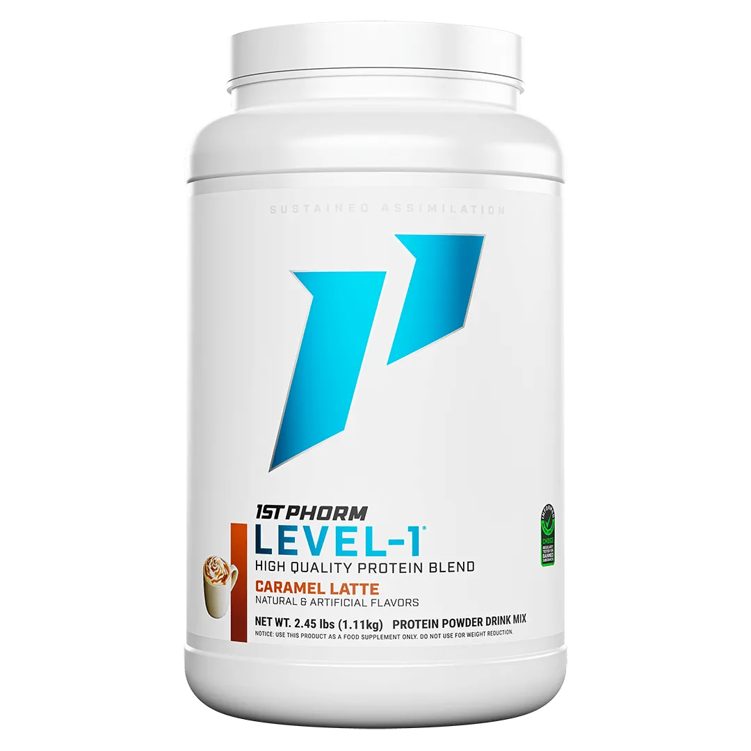 Caramel latte 1st Phorm Level 1 protein powder at Fitness Society - sustained assimilation protein blend available at our health store and supplement store near you in Melbourne, Florida"