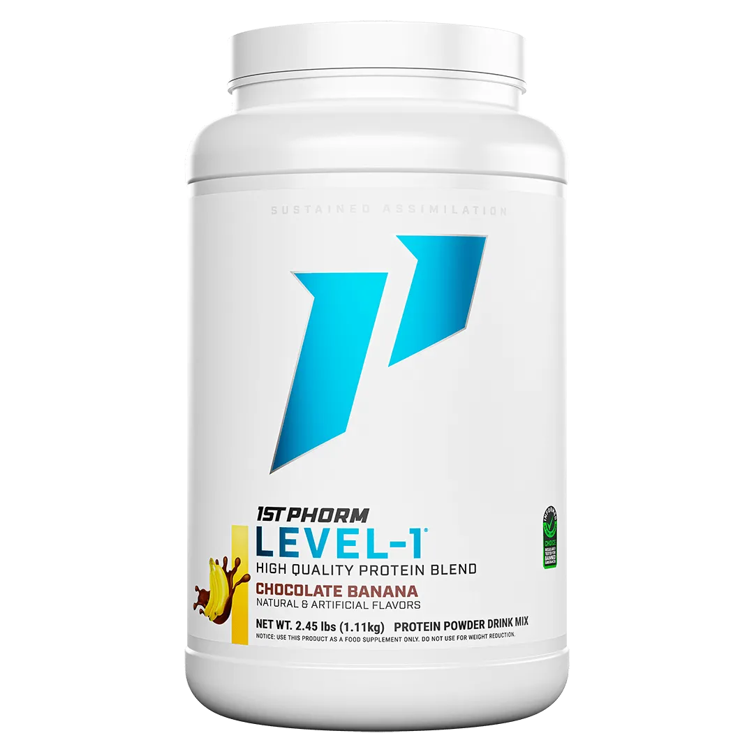 Chocolate banana 1st Phorm Level 1 protein powder at Fitness Society - sustained assimilation protein blend available at our health store and supplement store near you in Melbourne, Florida"