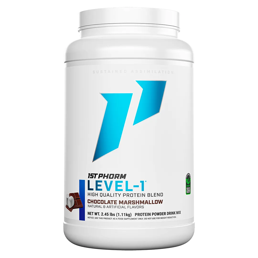 Chocolate marshmellow 1st Phorm Level 1 protein powder at Fitness Society - sustained assimilation protein blend available at our health store and supplement store near you in Melbourne, Florida"