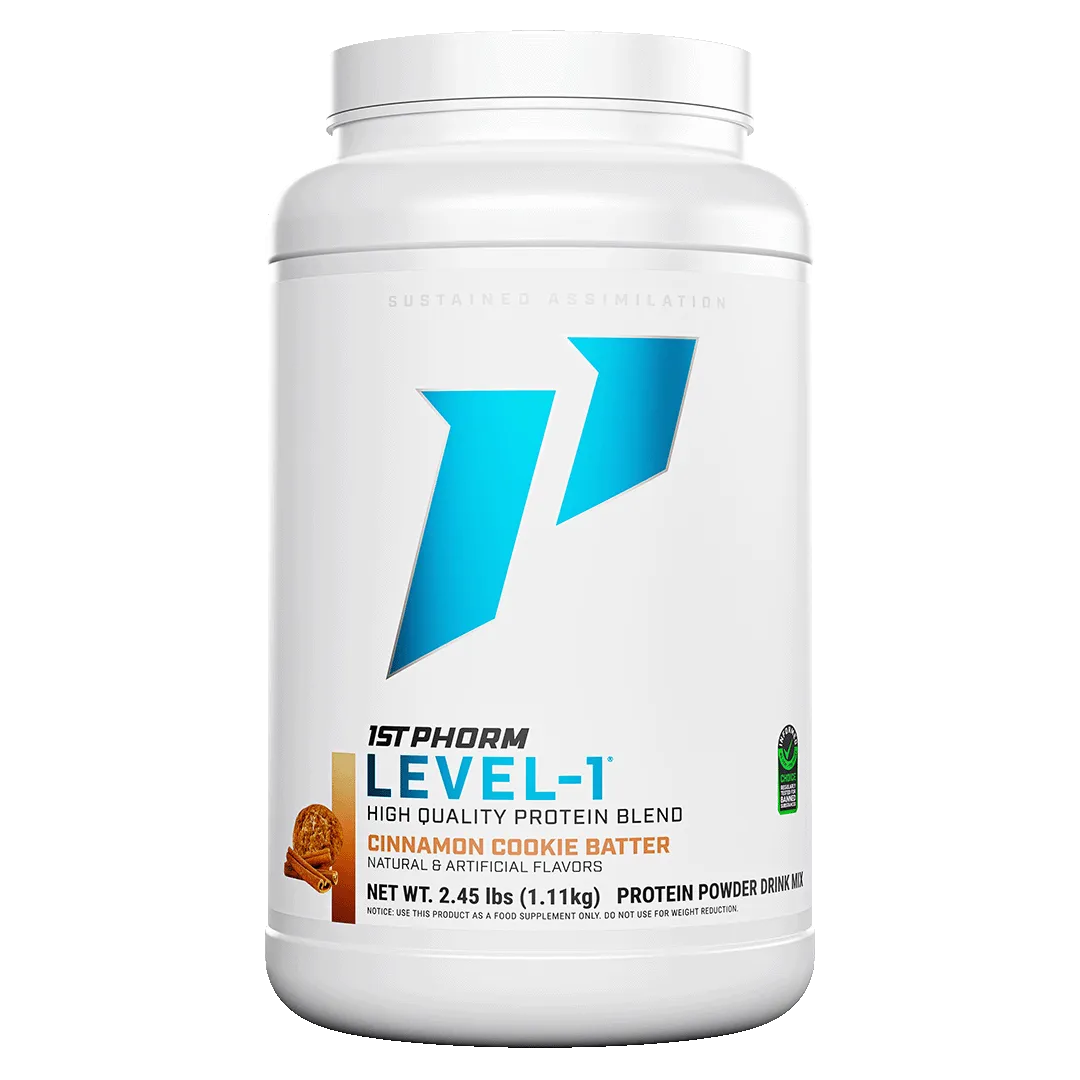 Cinnamon Cookie Batter 1st Phorm Level 1 protein powder at Fitness Society - sustained assimilation protein blend available at our health store and supplement store near you in Melbourne, Florida"