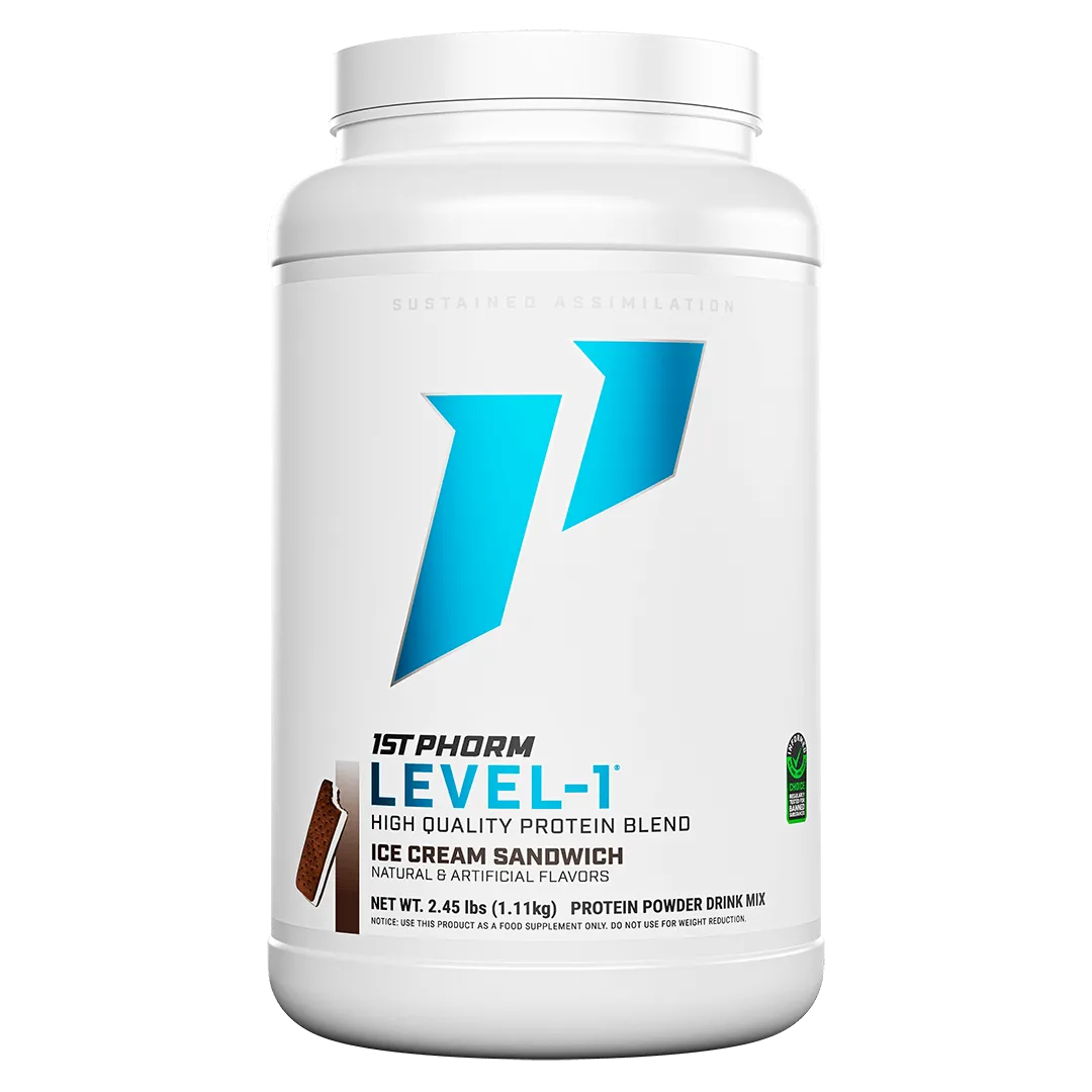 ice cream sandwich 1st Phorm Level 1 protein powder at Fitness Society - sustained assimilation protein blend available at our health store and supplement store near you in Melbourne, Florida"