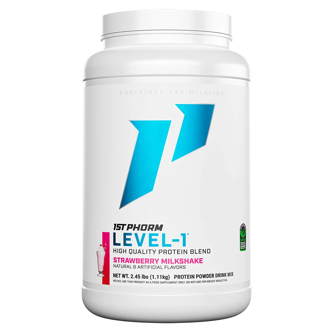 Strawberry Milkshake 1st Phorm Level 1 protein powder at Fitness Society - sustained assimilation protein blend available at our health store and supplement store near you in Melbourne, Florida"