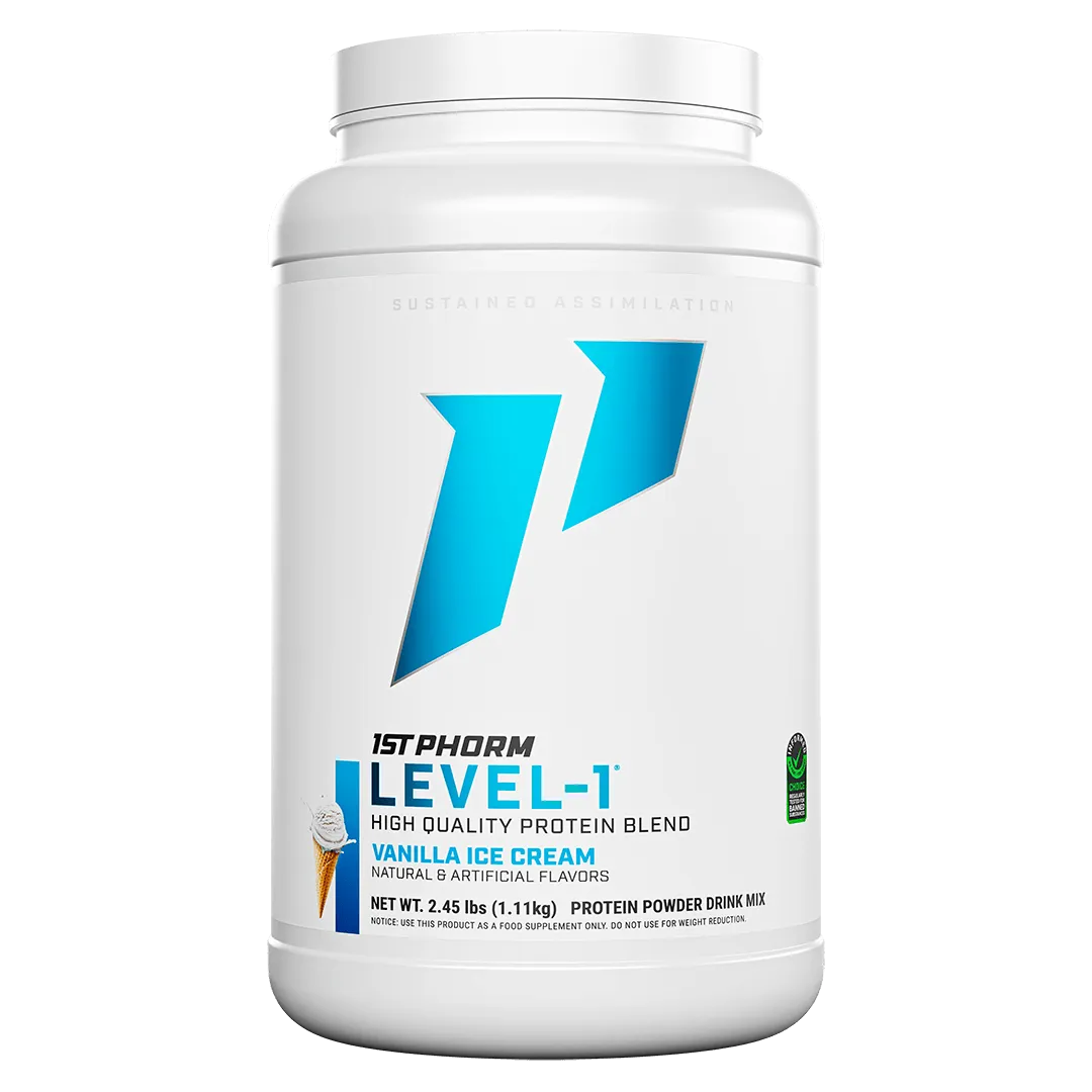 Vanilla ice cream x1st Phorm Level 1 protein powder at Fitness Society - sustained assimilation protein blend available at our health store and supplement store near you in Melbourne, Florida"