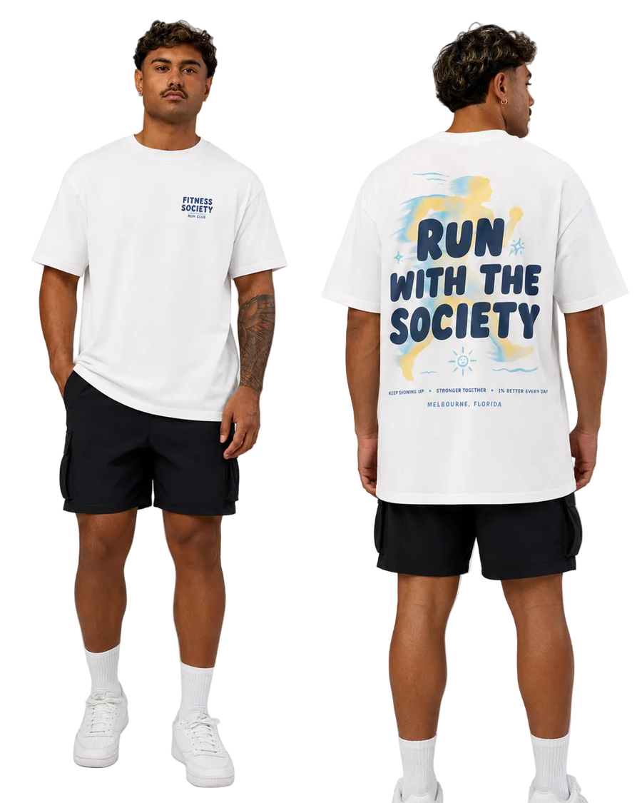 A male model shown from the front and back wearing a white t-shirt with blue and yellow graphics. The front features a small blue 'STUNNERS SOCIETY' logo on the left chest, and the back features a large graphic with the text 'RUN WITH THE SOCIETY' in blue, yellow, and white.