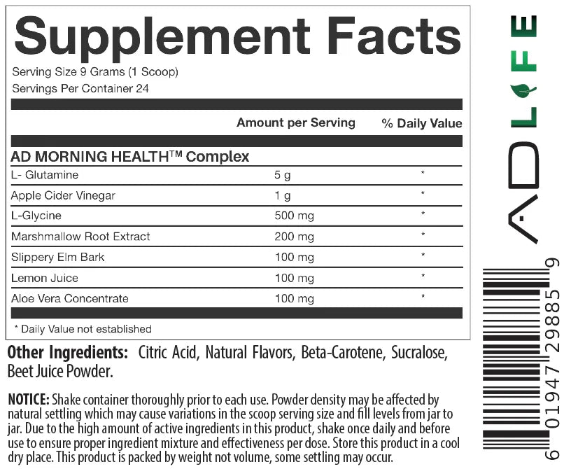 ingredients for AD Life Good Mornin at Fitness Society - morning wellness supplement for energy and focus available at supplements near me in Melbourne, Florida