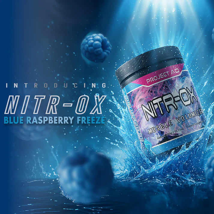 NITR-OX supplement container with blue raspberry freeze flavor on a blue background