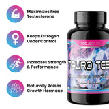 Supplement bottle labeled 'Tauro Test' with promotional text about hormone optimization on a white background.