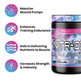 Supplement container labeled 'NITROX' with icons and text highlighting its benefits on a white background.