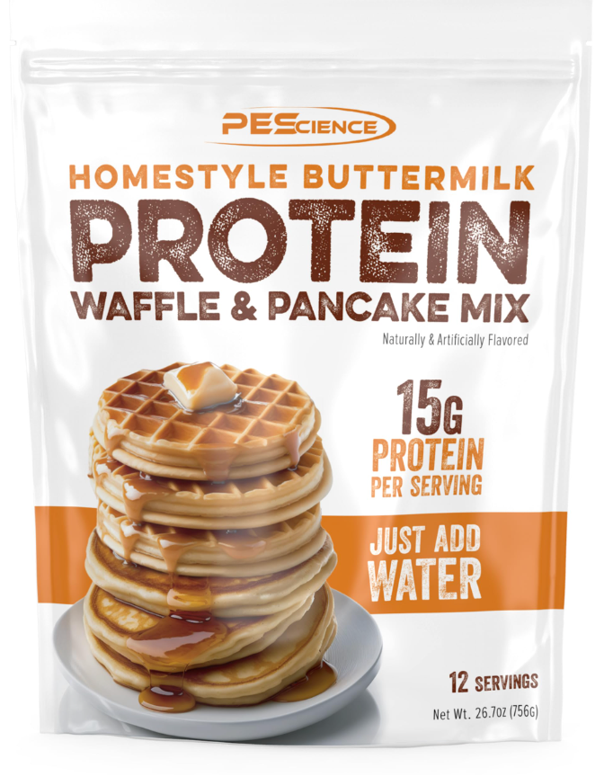 Package of PEScience Homestyle Buttermilk Protein Waffle & Pancake Mix, depicting a stack of waffles and the text '15g Protein per serving', indicating the nutritional content and preparation method of adding water.

protein waffle and pancake mix for sale